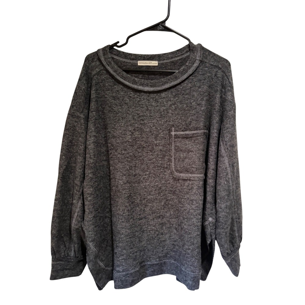 Charcoal Gray Womens Zenana Brushed Melange Hacci Pullover Top 1x/2x